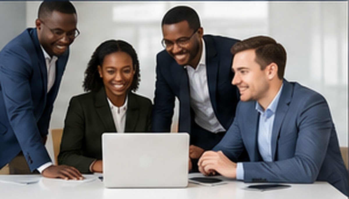 Business team reviewing a management system together